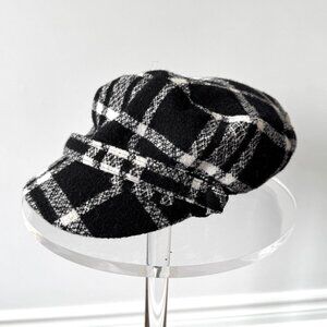 y2k vintage black white plaid print preppy tweed cadet castro military cap hat